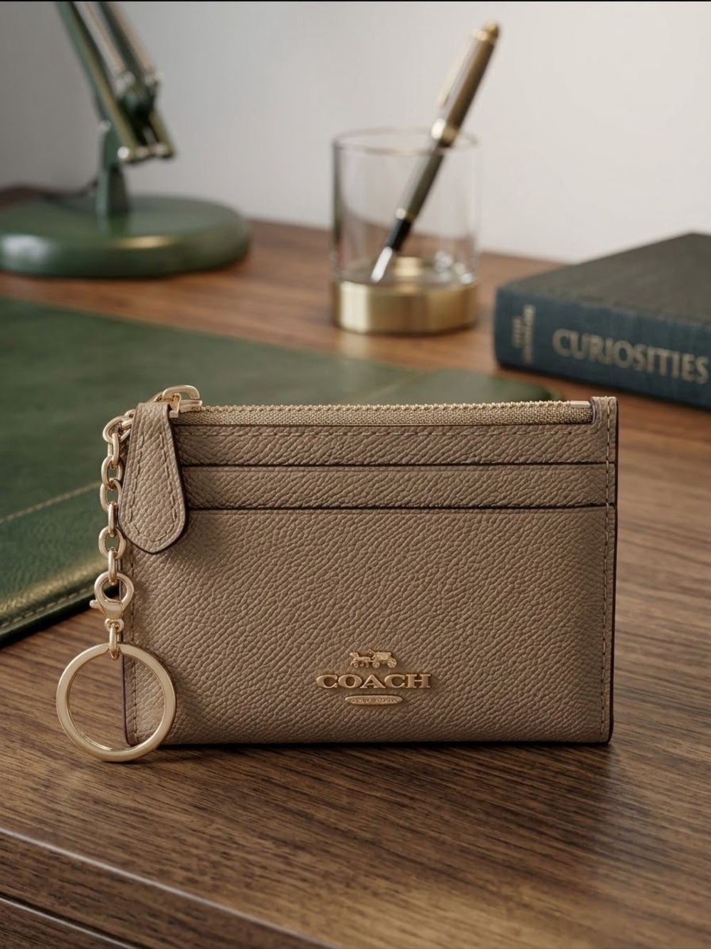 NWT Coach Mini Skinny ID Case in Taupe Crossgrain Leather Wallet Keychainโ